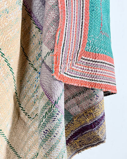 Embroidered Vintage Kantha Quilt in Pink and Turquoise - Biggs & Hill