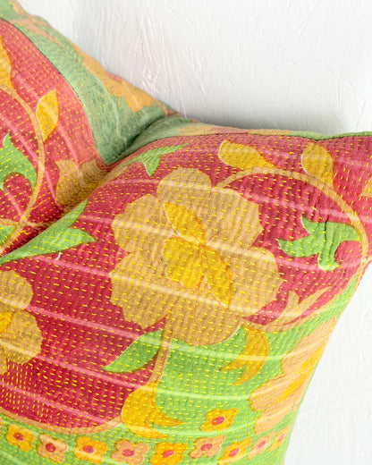 Handmade Vintage Kantha Cushion Cover In Green and Yellow - 45cm (18") Square