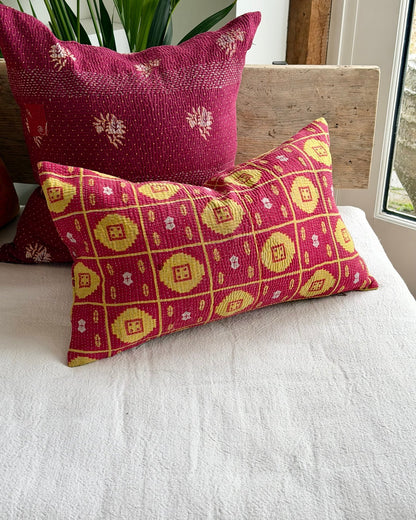 Vintage Kantha Cushion Cover In Lime Green and Pink - Small Rectangular - Biggs & Hill