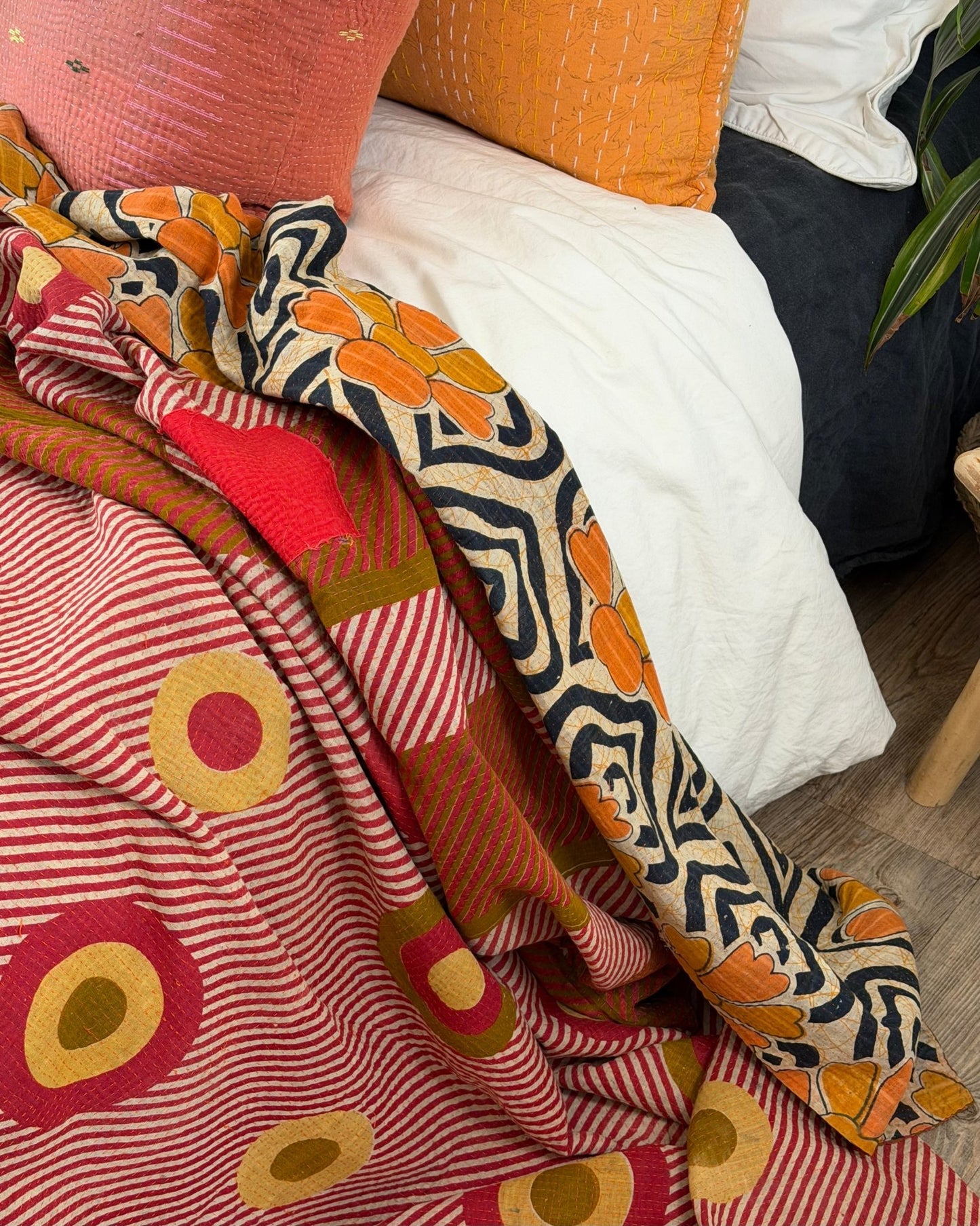 Extra Large Fine Stitched Vintage Kantha Quilt With Pink Dots and Navy Blue Patterns - Biggs & Hill