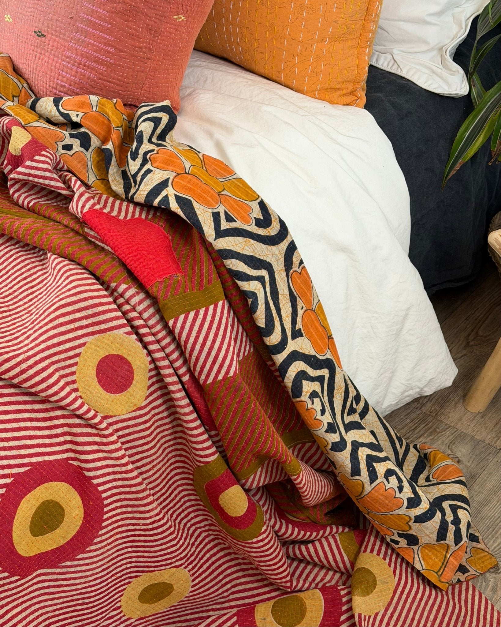 Extra Large Fine Stitched Vintage Kantha Quilt With Pink Dots and Navy Blue Patterns - Biggs & Hill