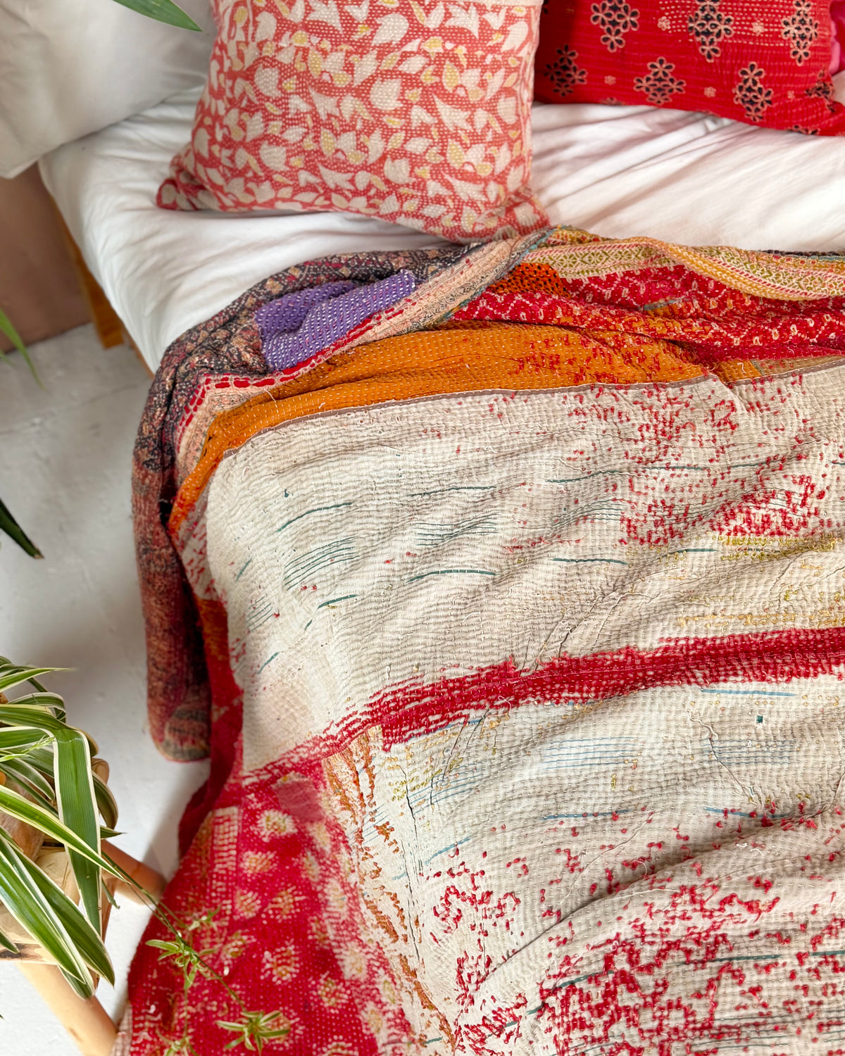 Large Textured Vintage Kantha Quilt in Red and Blue
