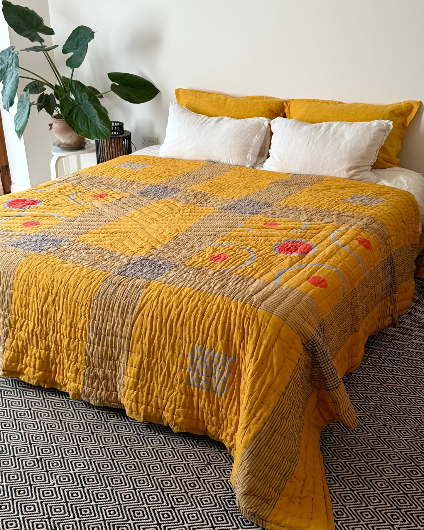 Quilted Kantha In Blue and Yellow With Geometric Patterns - SUPER KING - Biggs & Hill