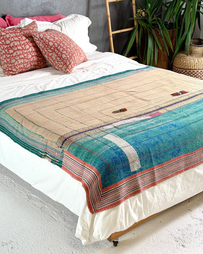 Embroidered Vintage Kantha Quilt in Pink and Turquoise - Biggs & Hill
