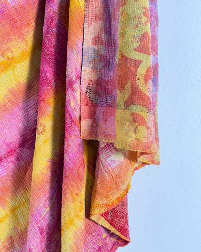 Large Fine Stitched Vintage Kantha Quilt in Pink and Yellow - [BED Pictures] - Biggs & Hill