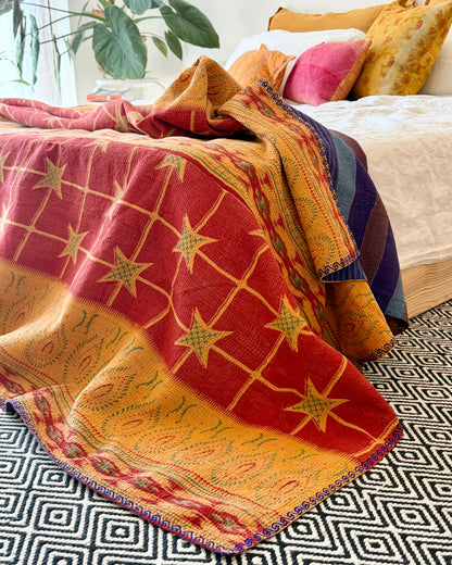 Extra Large Fine Stitched Vintage Kantha Quilt in Mustard Yellow, Red and Blue