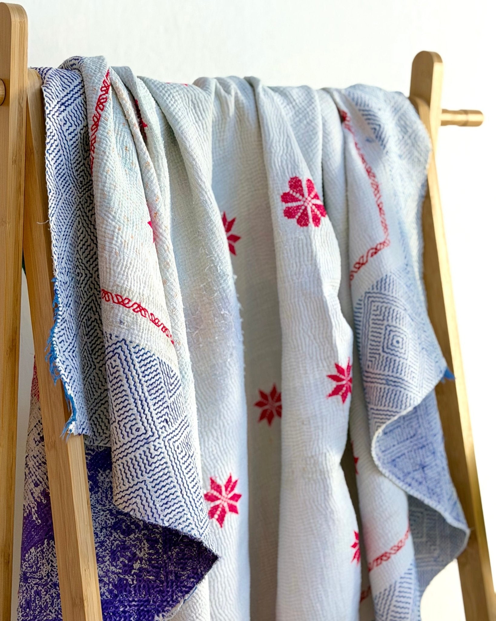 Star Embroidered Vintage Kantha Quilt in White and Pink - Biggs & Hill