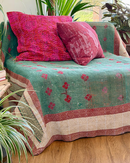 Fine Stitched Thick Vintage Kantha Quilt in Green With Red Embroidery
