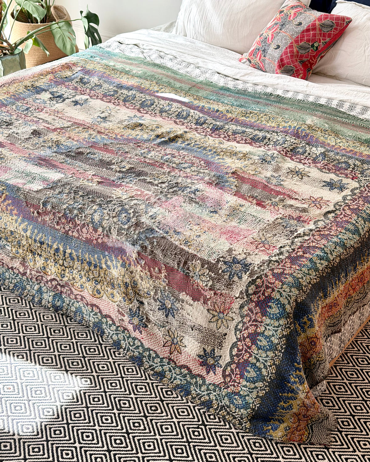 Large Textured Vintage Kantha Quilt In Pink Stripes and Moon Pattern