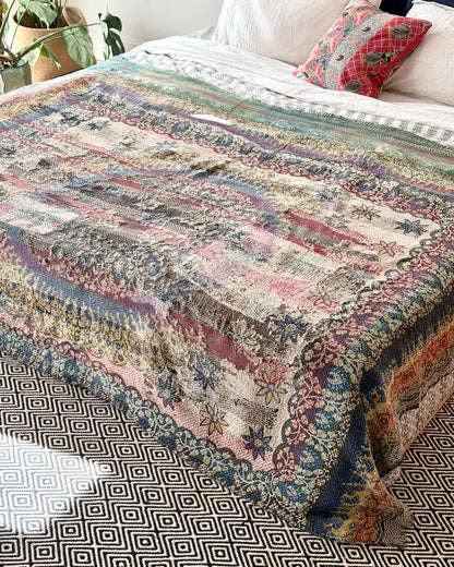 Large Textured Vintage Kantha Quilt In Pink Stripes and Moon Pattern