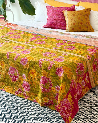 Large Fine Stitched Vintage Kantha Quilt in Bold Pink and Yellow Floral - Biggs & Hill