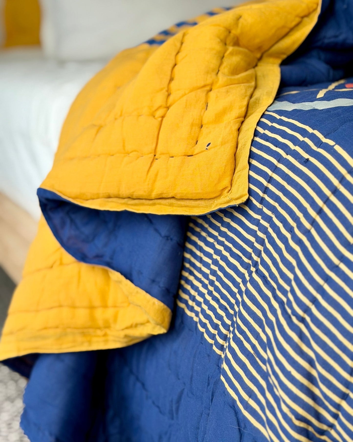 Quilted Kantha In Blue and Yellow With Geometric Patterns - SUPER KING - Biggs & Hill