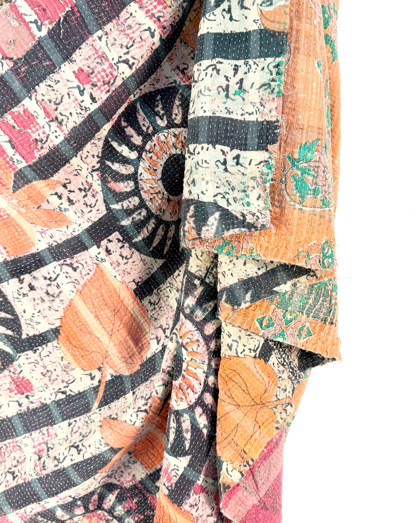Large Textured Vintage Kantha Quilt in Pink and Blue Patterns