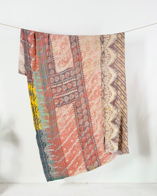Large Extra Fine Stitched Vintage Kantha Quilt in Pinks and Greys