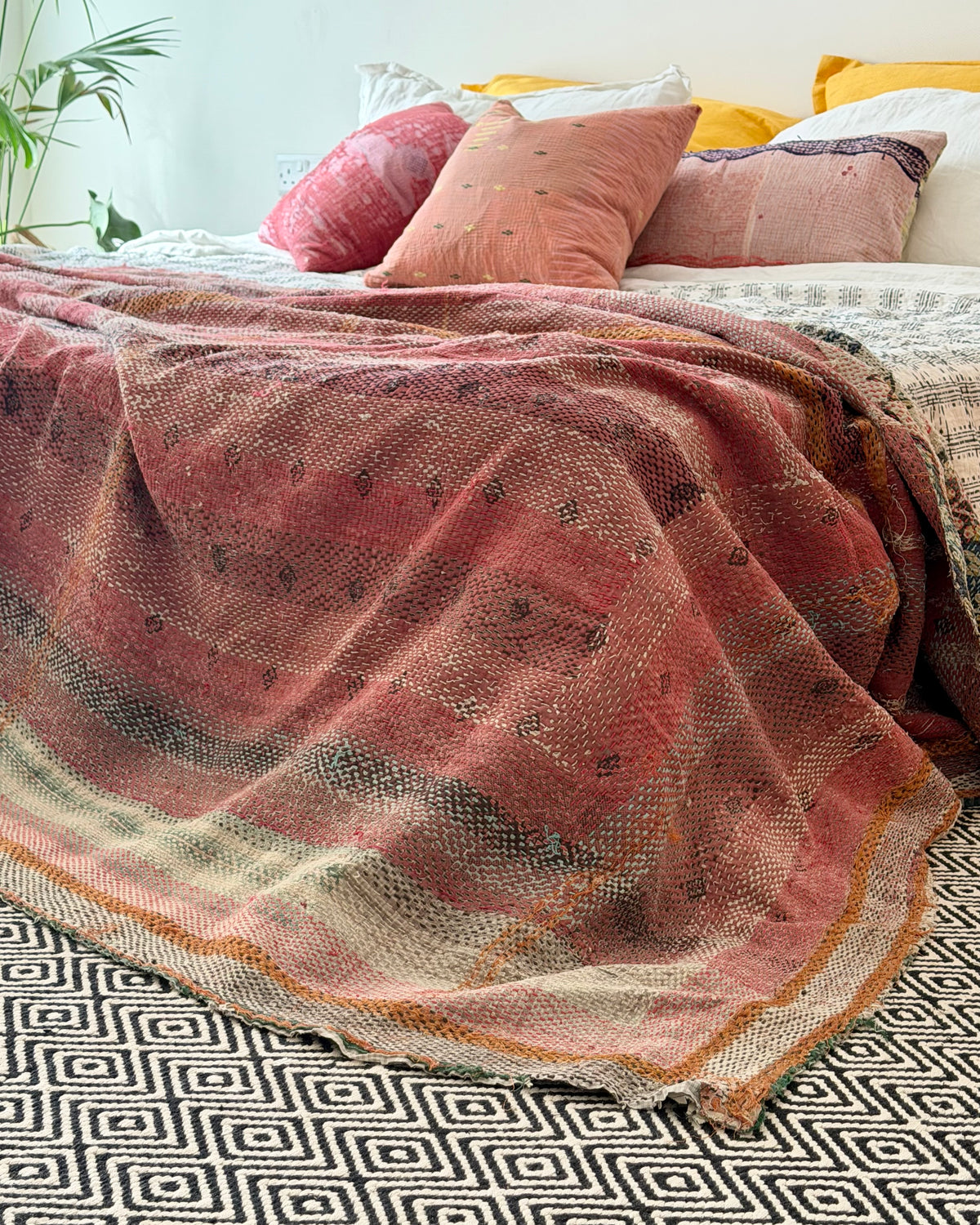 Large Textured Vintage Kantha Quilt In Pink Stripes and Moon Pattern