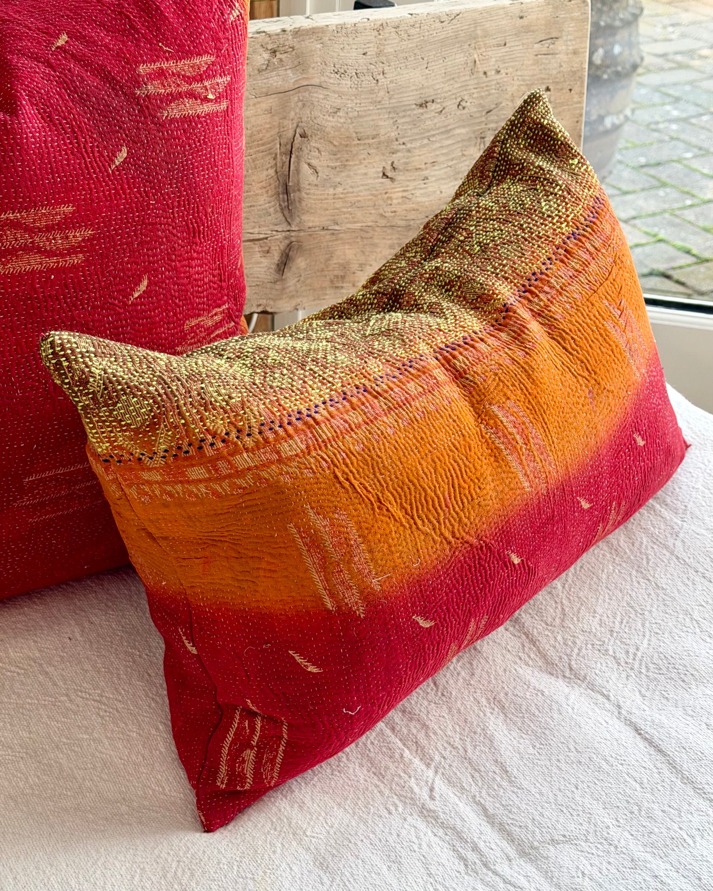 Vintage Kantha Cushion In Red Orange and Green - Small Rectangular