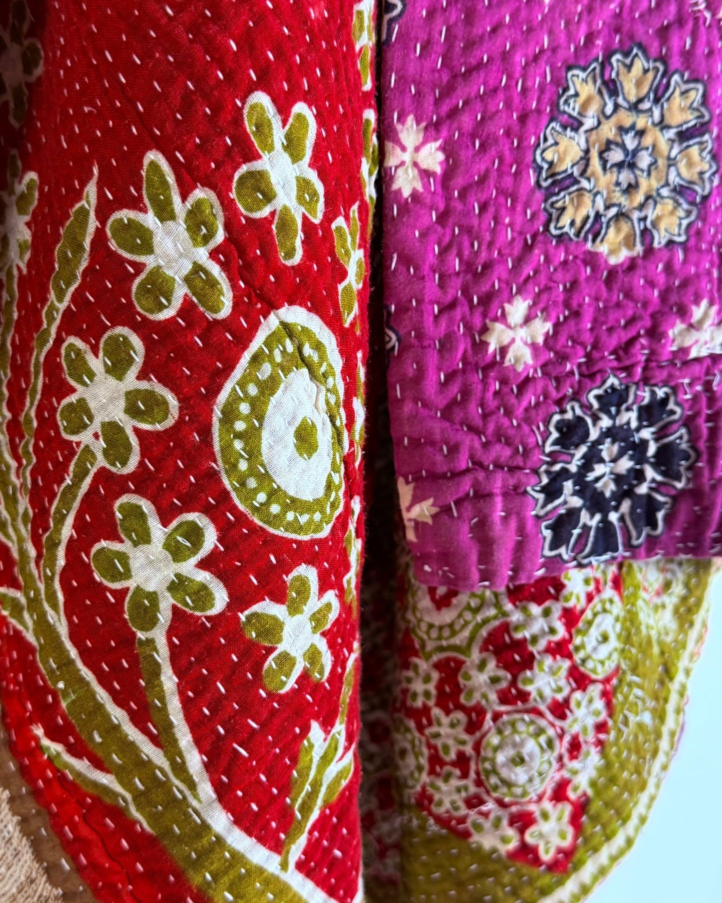 Large Fine Stitched Vintage Kantha Quilt in Pink, Green and Purple Florals - Biggs & Hill