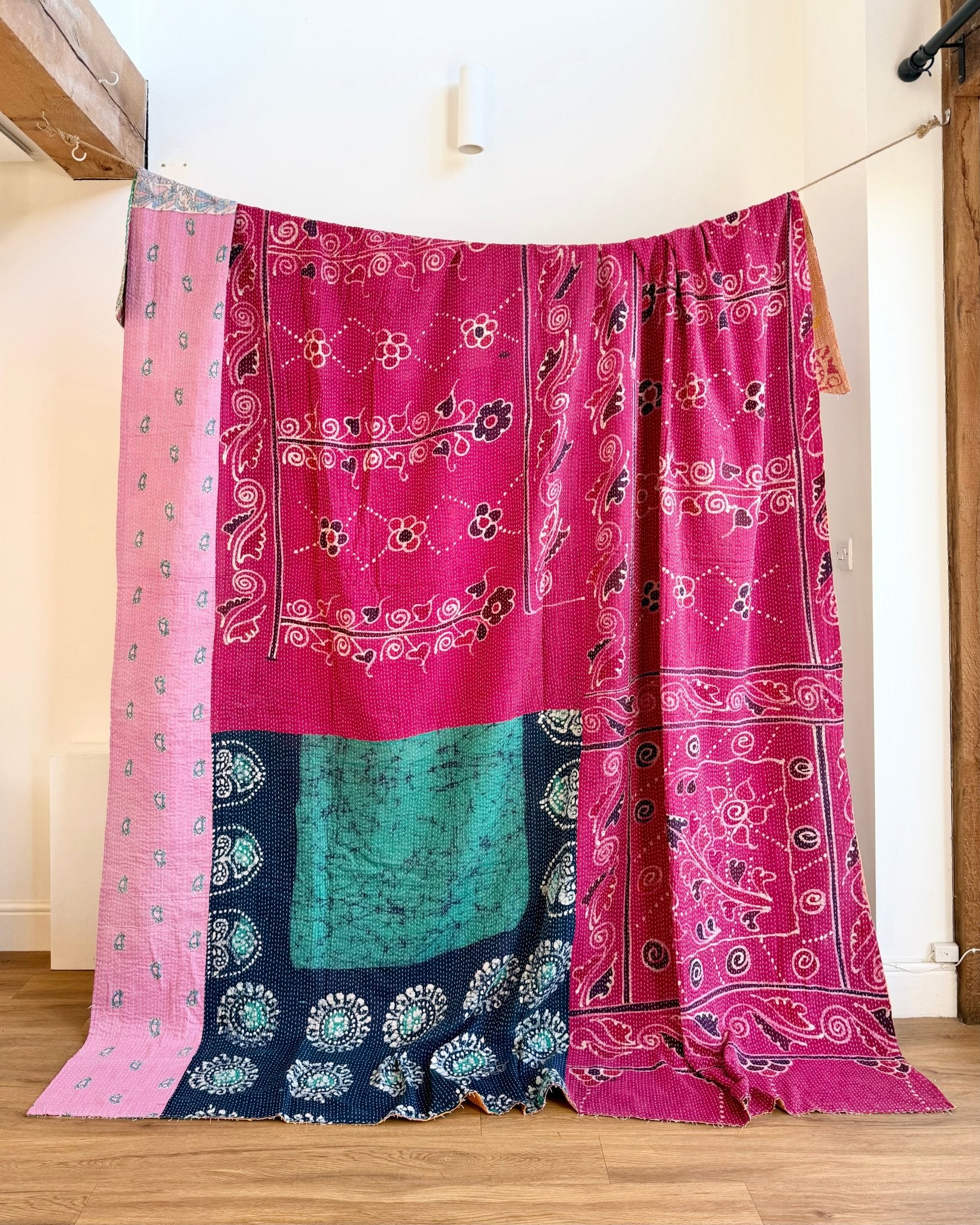 Super King Vintage Kantha Quilt in Pink, Blue and Yellow - Biggs & Hill