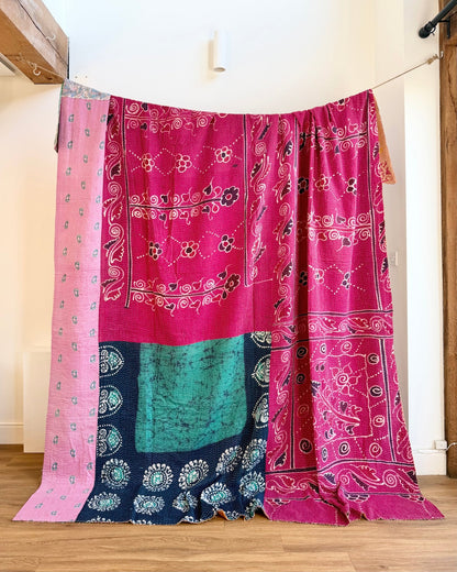 Super King Vintage Kantha Quilt in Pink, Blue and Yellow - Biggs & Hill