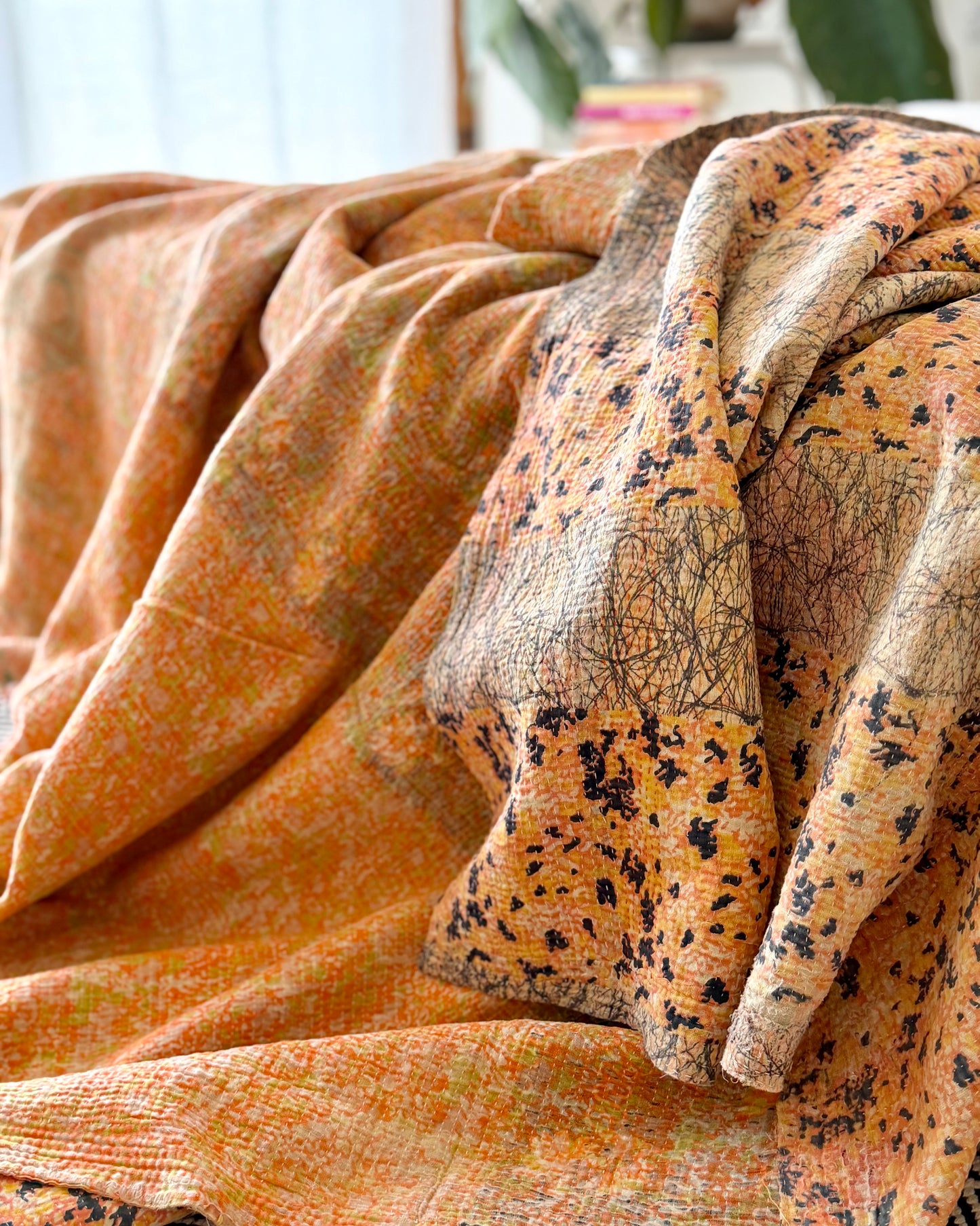 Extra Large Large Fine Stitched Vintage Kantha Quilt in Peachy Pink