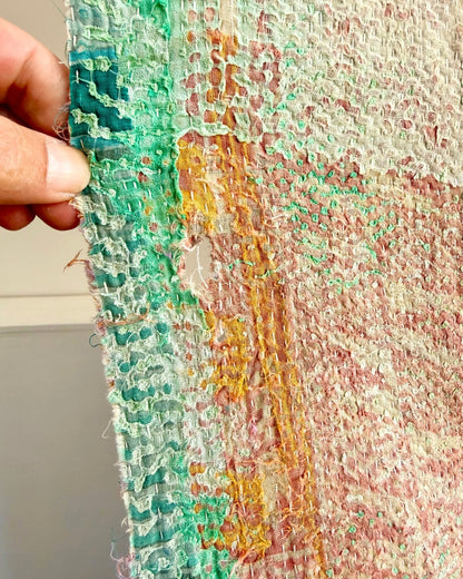 Project Kantha Quilt: Pink, Yellow and Green With Authentic Aged Texture - Biggs & Hill