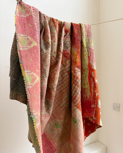 Vintage Kantha Quilt in Pink, Orange and Blue