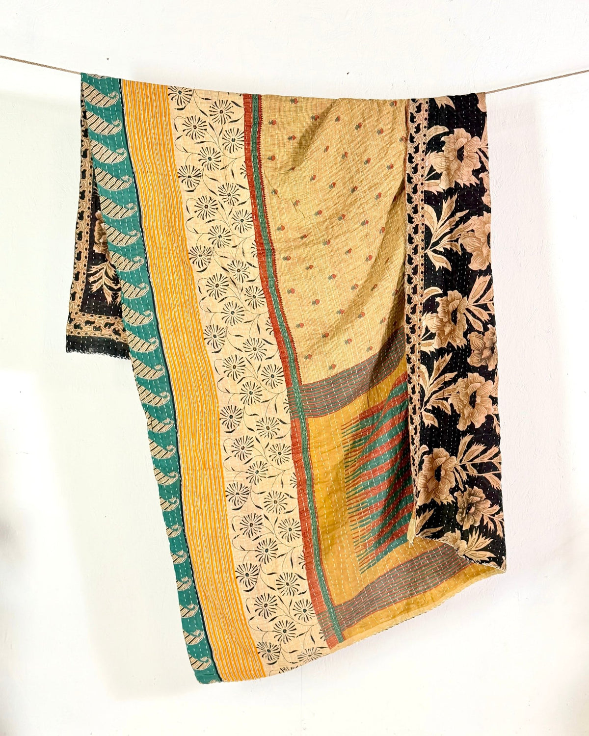Vintage Cotton Kantha Quilt In Yellow and Black 11 - Biggs & Hill