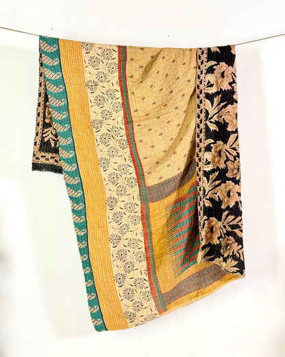 Vintage Cotton Kantha Quilt In Yellow and Black 11 - Biggs & Hill