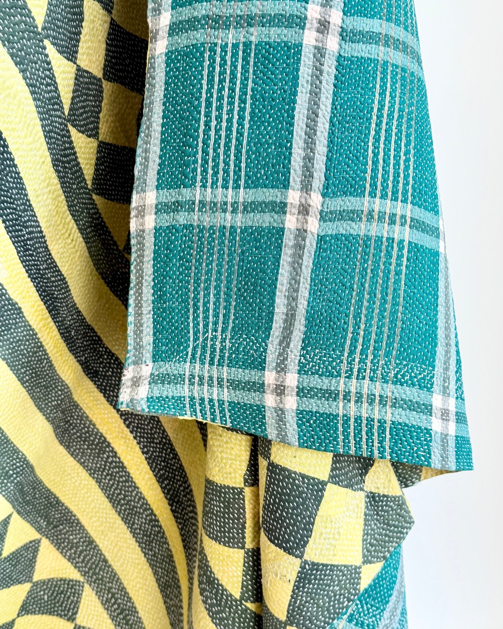 Large Fine Stitched Vintage Kantha Quilt in Diamond Pattern Yellow and Green - Biggs & Hill