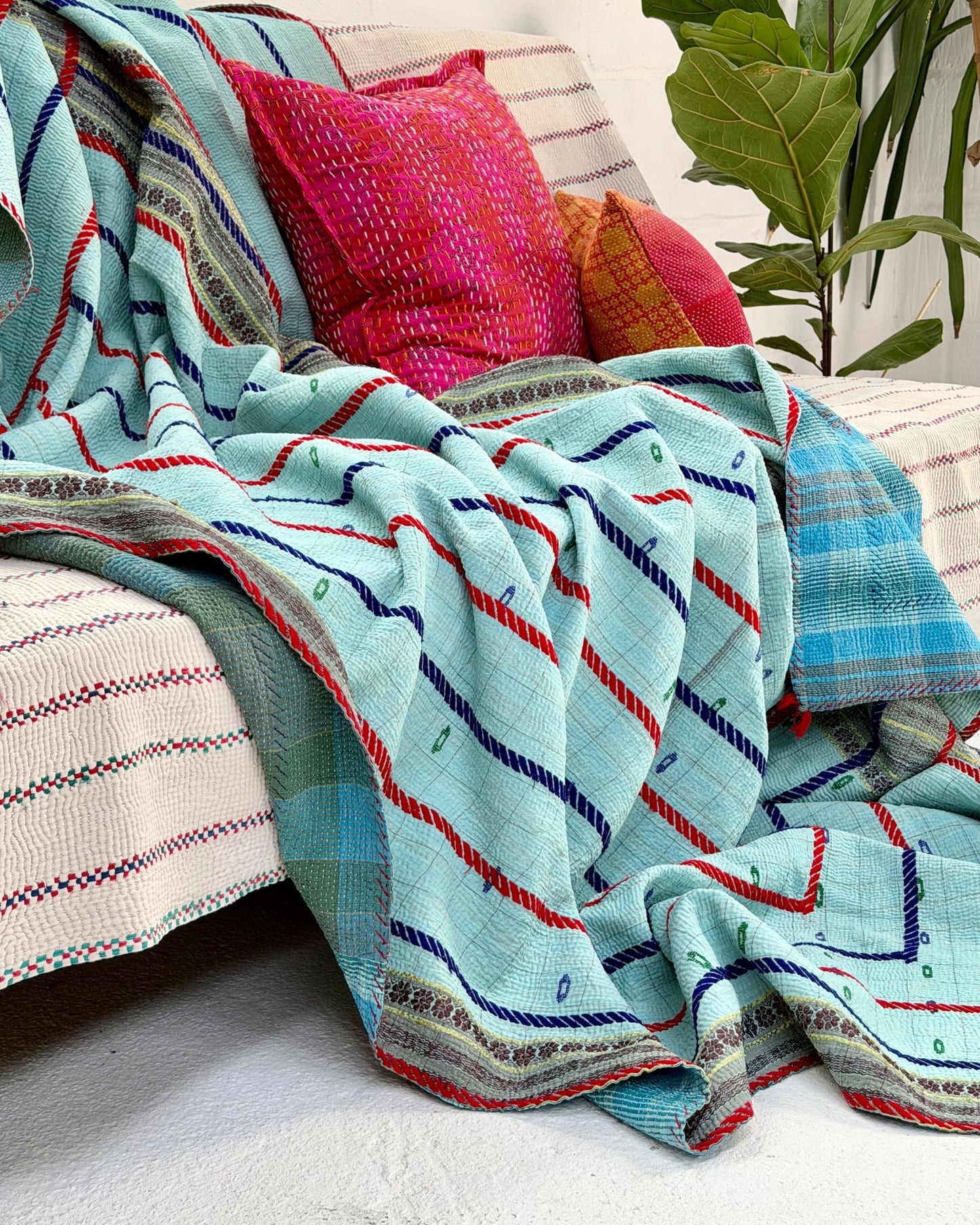 Large Fine Stitched Embroidered Vintage Kantha Quilt in Bahama Blue - Biggs & Hill