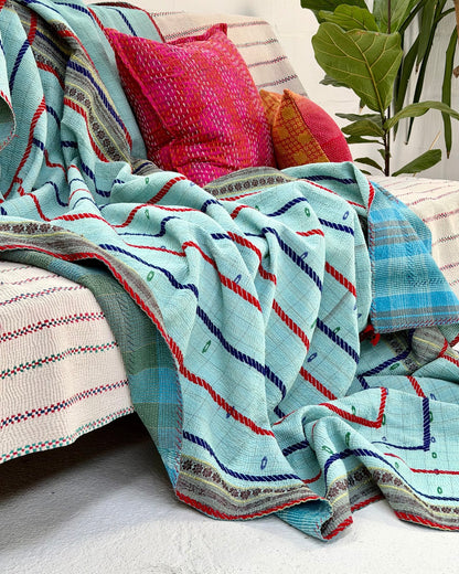 Large Fine Stitched Embroidered Vintage Kantha Quilt in Bahama Blue - Biggs & Hill