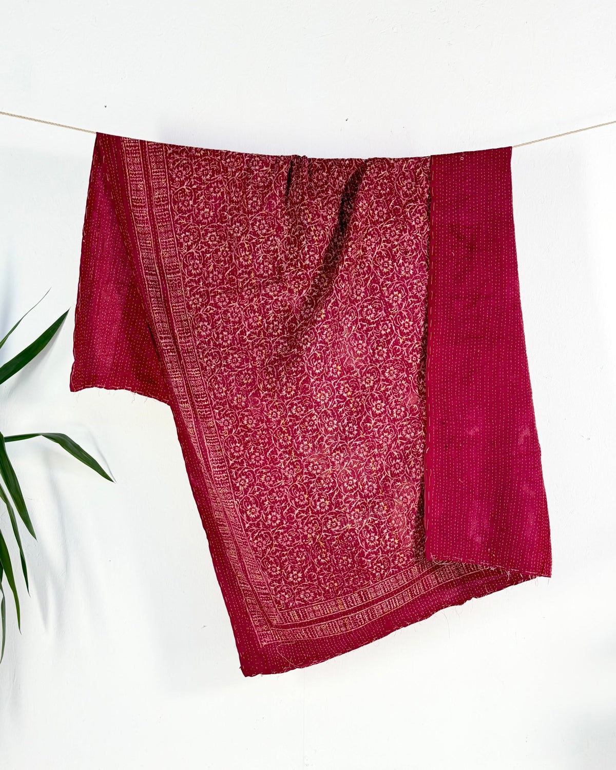 Ajrakh Printed Vintage Kantha Quilt in Deep Red - Biggs & Hill