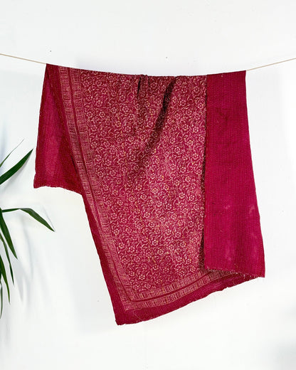 Ajrakh Printed Vintage Kantha Quilt in Deep Red - Biggs & Hill