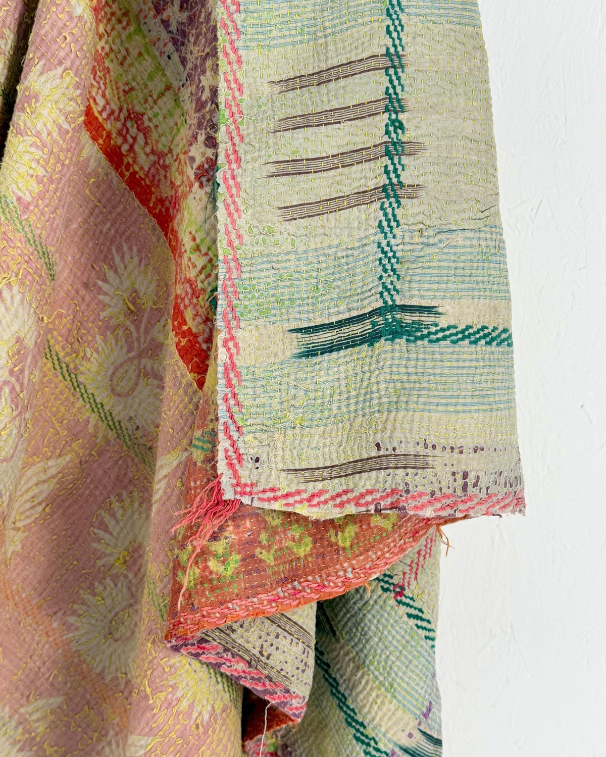 Large Textured Vintage Kantha Quilt In Soft Yellow, Green, Pink and Blue - Biggs & Hill