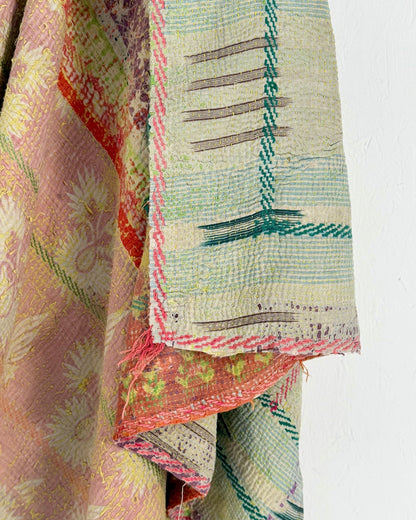 Large Textured Vintage Kantha Quilt In Soft Yellow, Green, Pink and Blue - Biggs & Hill
