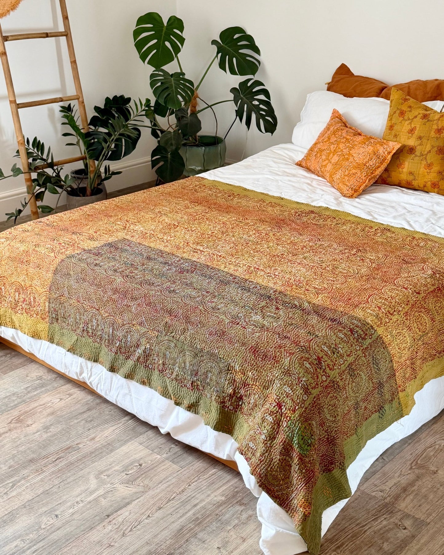 Ajrakh Printed Vintage Kantha Quilt In Green-Gold - Biggs & Hill