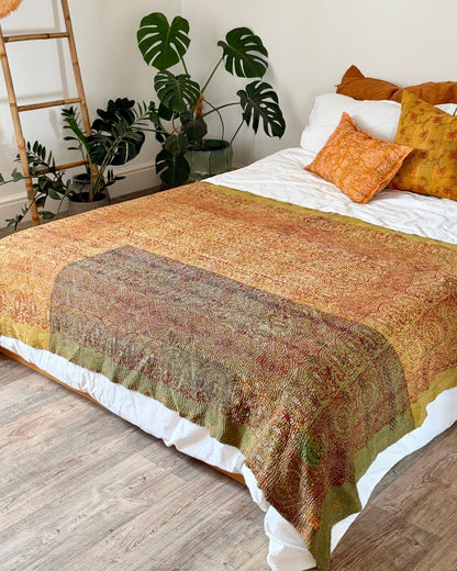 Ajrakh Printed Vintage Kantha Quilt In Green-Gold - Biggs & Hill