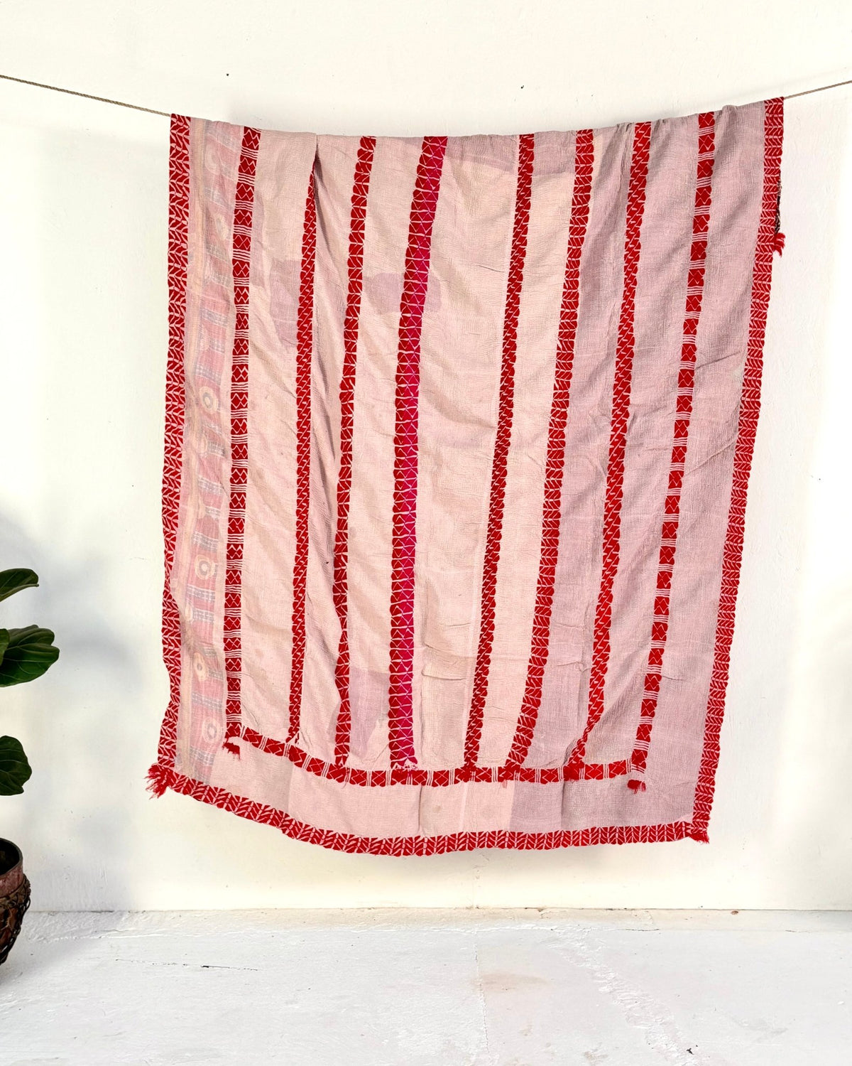 Embroidered Vintage Kantha Quilt in Red and Lilac - Biggs & Hill