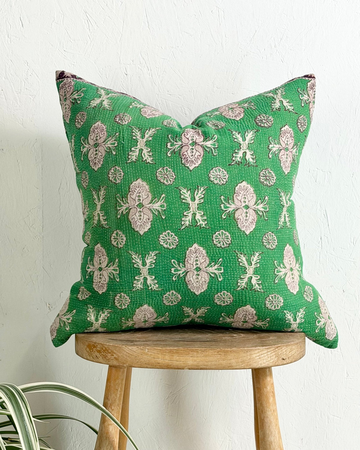 Handmade Vintage Kantha Cushion Cover In Green Floral - 45cm (18") Square - Biggs & Hill