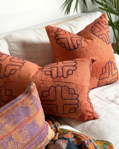 Vintage Kantha Cushion In Terracotta 03 - Large Rectangular - Biggs & Hill