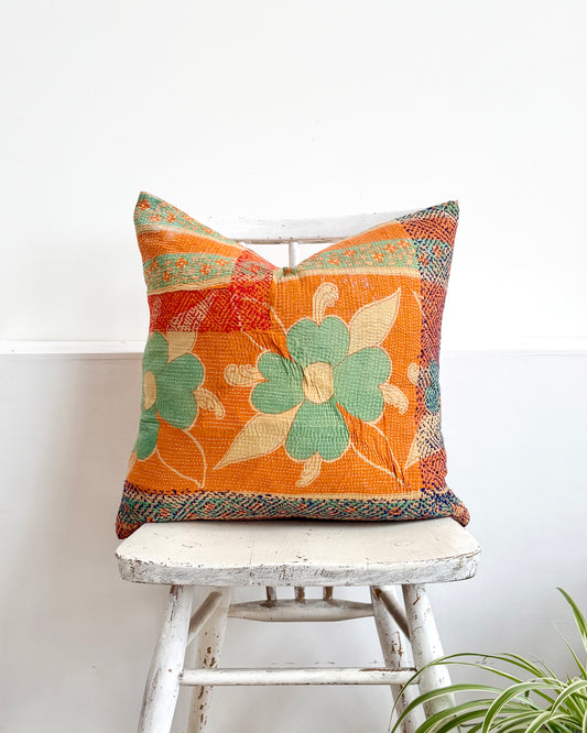 Vintage Kantha Cushion In Floral Orange- 45cm Square
