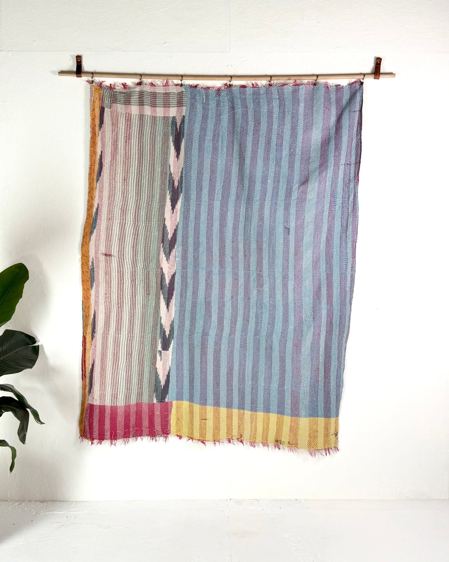 Heavy Kantha Blanket Quilt In Orange, Pink and Blue Colour Blocks - Biggs & Hill