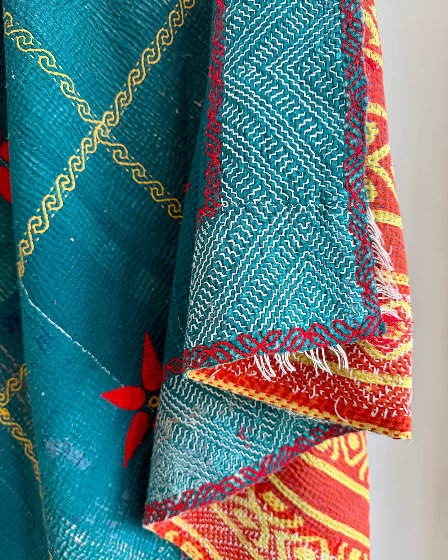 Large Fine Stitched Vintage Kantha Quilt In Emerald Green With Holbein Stitch Border