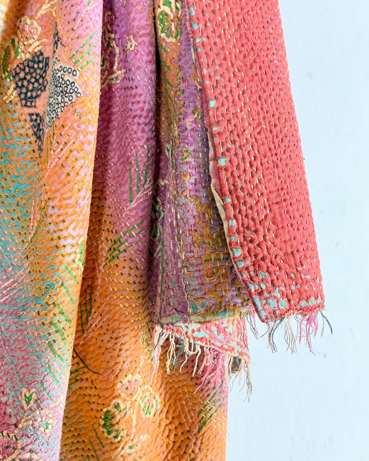 Textured Vintage Kantha Quilt in Pink and Yellow Stripes - Biggs & Hill