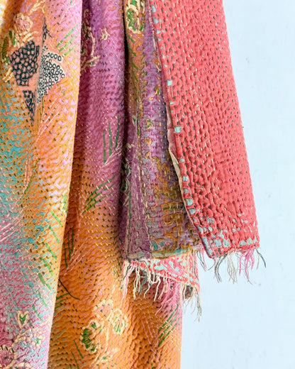 Textured Vintage Kantha Quilt in Pink and Yellow Stripes - Biggs & Hill