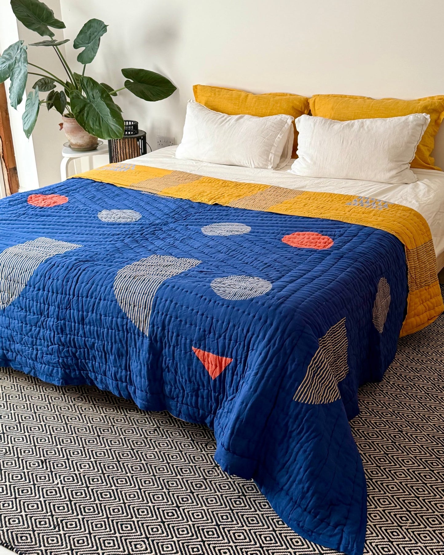 Quilted Kantha In Blue and Yellow With Geometric Patterns - SUPER KING - Biggs & Hill