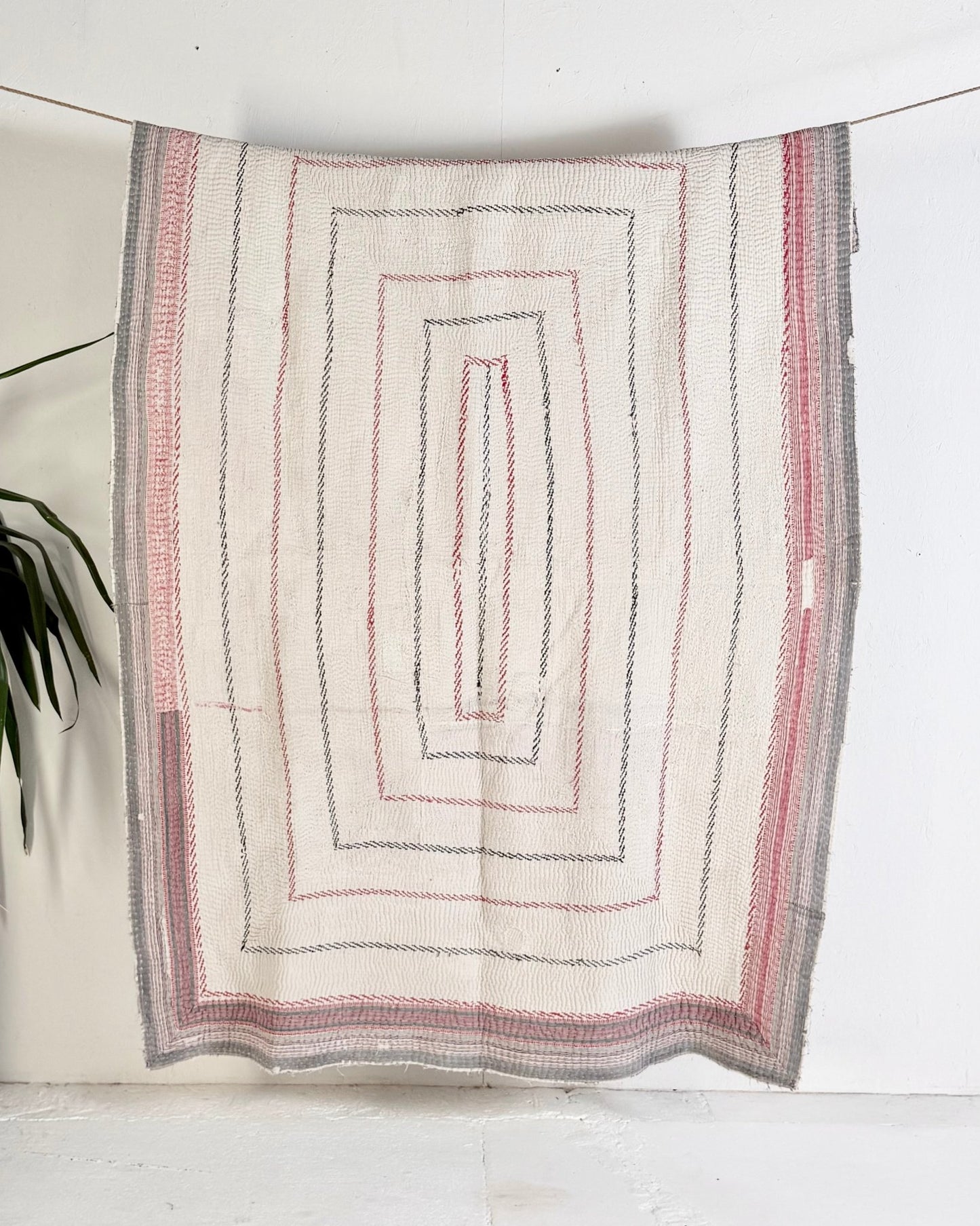 Heavy Fine Stitched Embroidered Vintage Kantha Quilt in White and Pink - Biggs & Hill