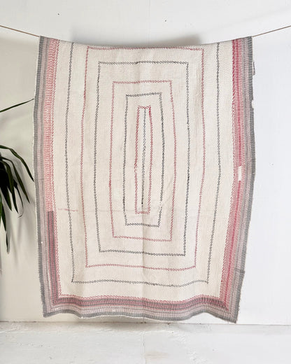 Heavy Fine Stitched Embroidered Vintage Kantha Quilt in White and Pink - Biggs & Hill