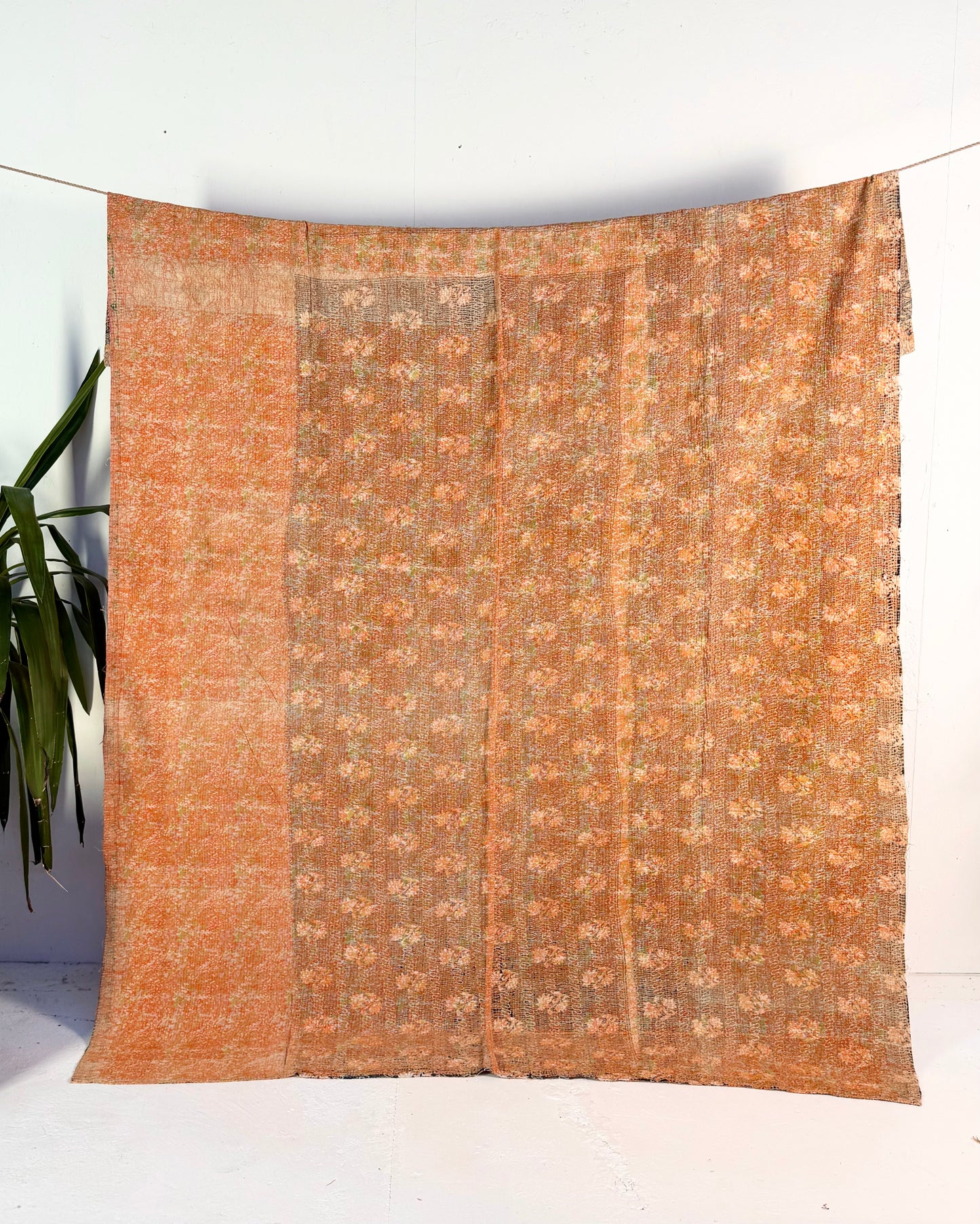 Extra Large Large Fine Stitched Vintage Kantha Quilt in Peachy Pink