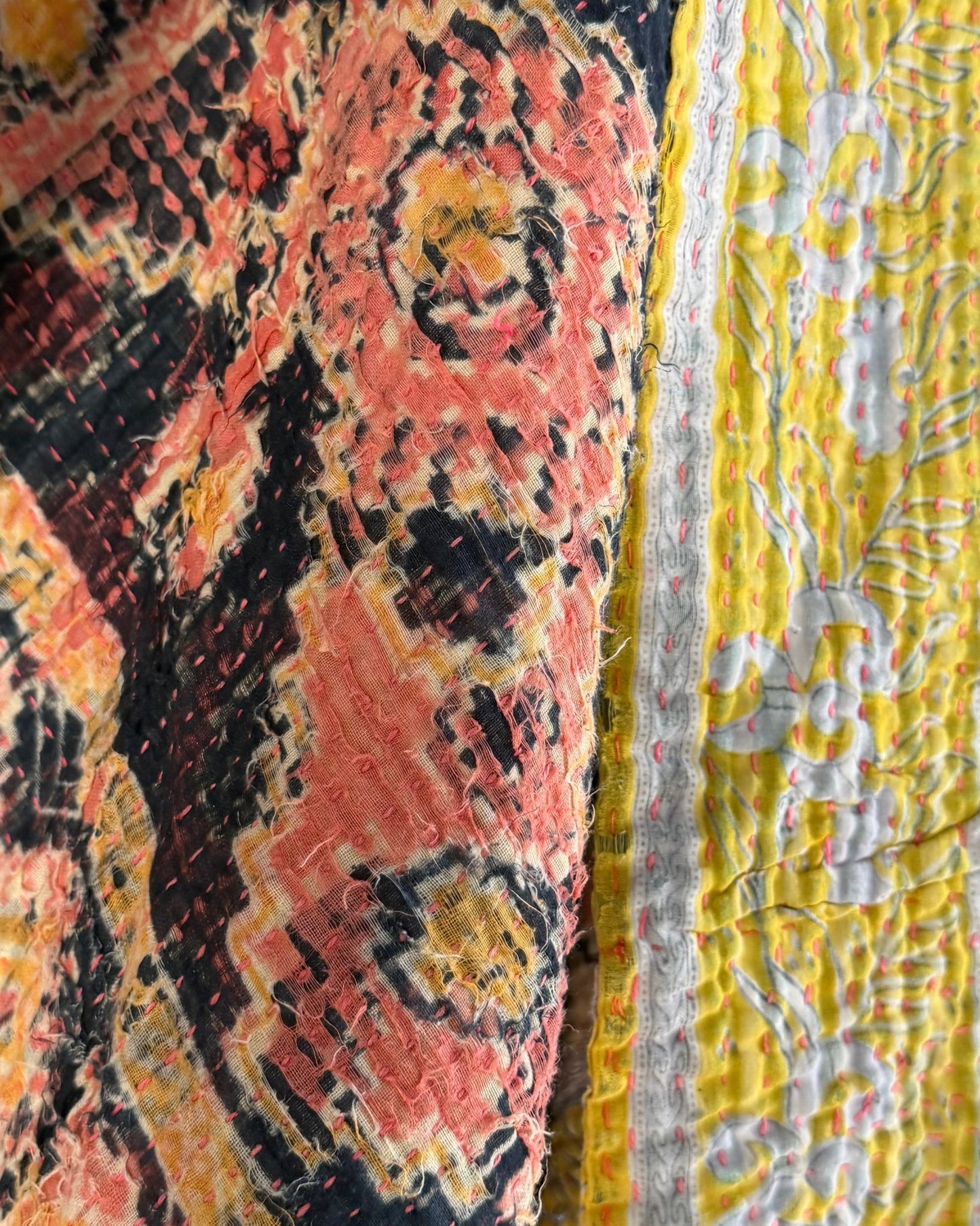 Large Textured Vintage Kantha Quilt In Geometric Peach and Black - Biggs & Hill
